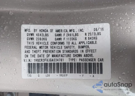 2016 Honda Accord Ex-L V-6 z USA, uszkodzony, nr VIN 1HGCR3F83GA034781